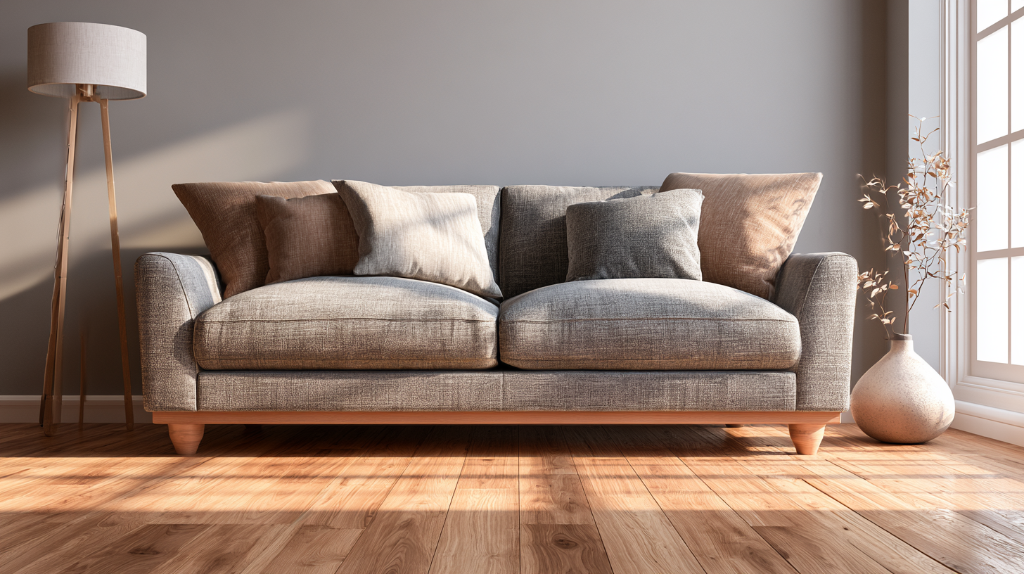 Gray sofa on a hardwood floor in a bright, quiet room